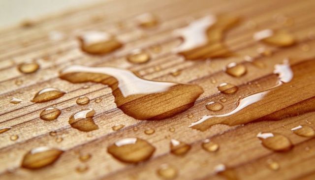 Water droplets beading on varnished wood grain macro showing gloss and texture
