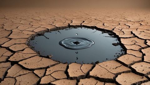 Ripples on water depression in cracked desert soil reflecting drought