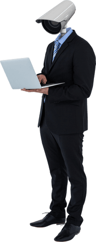 transparent businessman with cctv camera head using laptop - Download Free Stock Videos Pikwizard.com