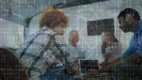 Diverse Team Collaborating Amidst Digital Code Overlay