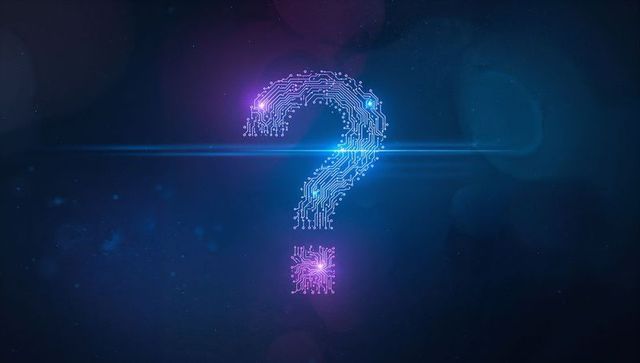 Glowing neon circuitry question mark in cosmos