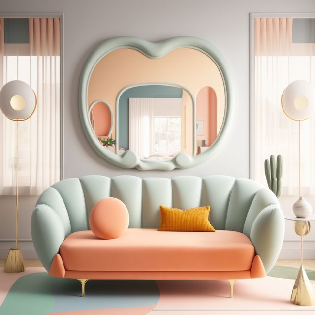 This image showcases a modern living room featuring a vintage-inspired sofa in pastel shades of teal and peach. A uniquely shaped decorative mirror hangs on the accent wall, complemented by stylish floor lamps on either side of the sofa. This scene exudes a Scandinavian style with minimalist aesthetics and cozy atmosphere, making it ideal for use in home decor magazines, interior design portfolios, or furniture store advertisements.
