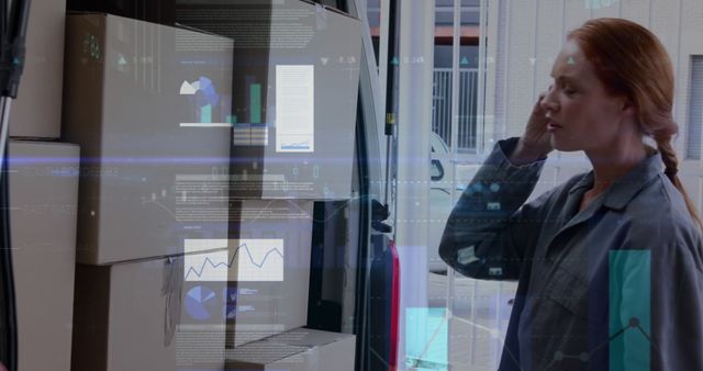 Woman Checking Inventory Next to Delivery Truck with Data Overlays - Download Free Stock Images Pikwizard.com