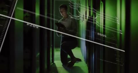 Woman IT Engineer Kneeling with Tablet in High-Tech Data Center