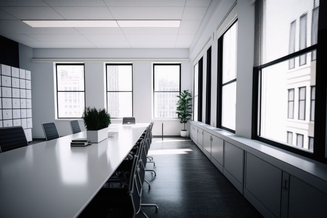 Image features a modern, empty conference room with large windows offering a city view. Sleek furniture and minimal design create a professional environment, enhanced by natural light. Suitable for corporate meeting space concepts, business settings, office interior designs, or corporate presentations requiring a modern and clean backdrop.