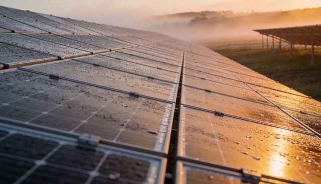 Sunrise-glinting solar panels stretching into misty horizon at renewable energy farm