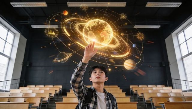 Student reaching toward holographic solar system in modern lecture hall exploring ar technology