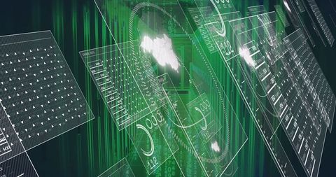 Futuristic digital interfaces with floating data dashboards