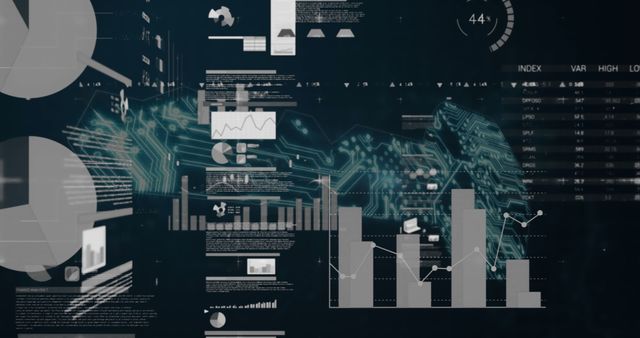Futuristic digital interface for data analysis with various types of charts and graphs overlayed on screen. Suitable for presentations, technology showcases, tech startup websites, and articles on big data, analytics, and business intelligence.