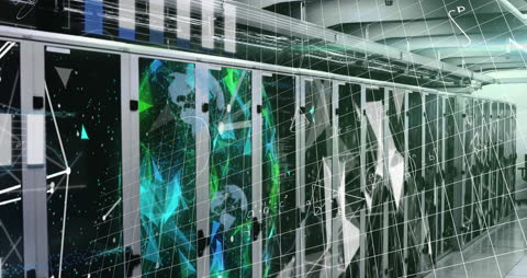 Futuristic Data Processing in Server Room with Overlay
