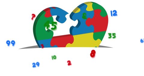 Colorful puzzle heart with scattered numbers on white background