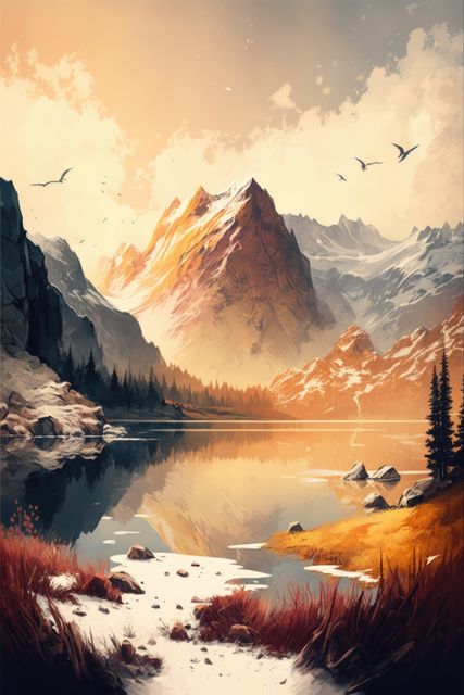 Picturesque mountain lake scene with snowcapped peaks and vibrant autumn foliage in the background. Birds flying in the sky and trees lining the water's edge add to the tranquility of this setting. Ideal for use in travel brochures, nature calendars, or desktop wallpapers celebrating natural beauty and serenity.