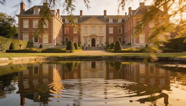 Sunlit georgian manor with symmetrical facade and reflecting garden pond at golden hour