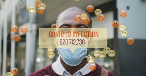 COVID-19 Pandemic with Man Wearing Mask Surrounded by Emojis