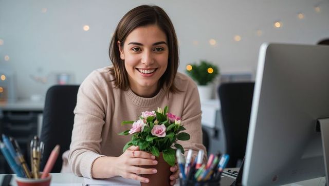Smiling woman holding potted pink flowers at modern desk for remote work wellness