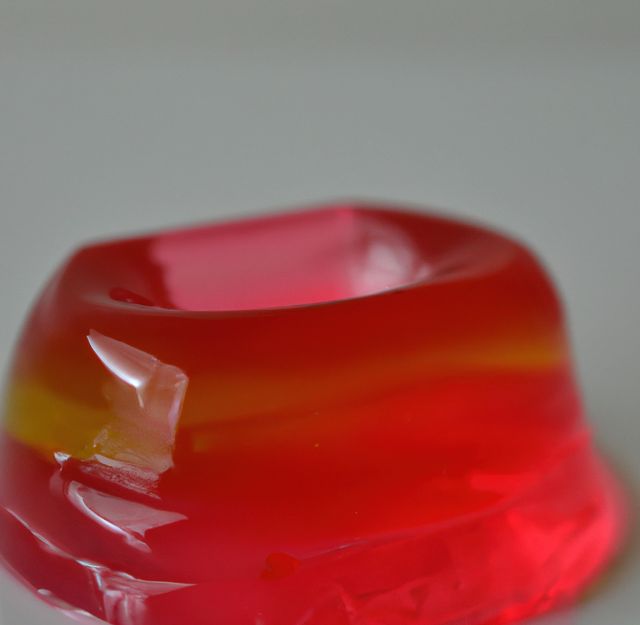 Image of close up of red jelly on grey background. Sweets, food, colour and pattern concept.