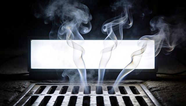 Backlit street drain emitting twisting smoke while led light panel casting industrial glow