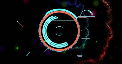 Pulsing neon circular hud with cyan and coral showing data traces and red-orange trail