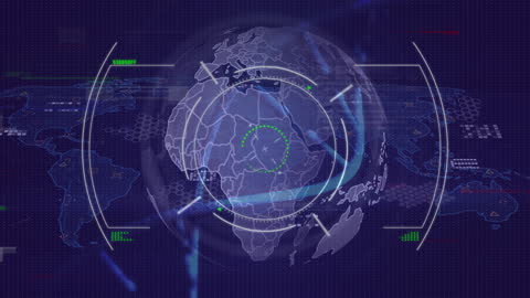 Futuristic HUD Interface with Rotating Digital Globe and World Map