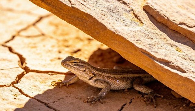 Basking desert lizard sheltering beneath sandstone slab on cracked sunlit arid red soil