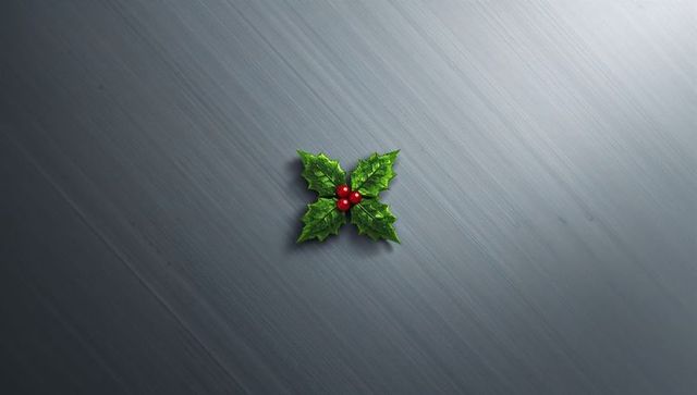 Minimalist holly sprig displaying glossy leaves and red berries on brushed metal