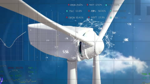 Wind Turbine Concept with Digital Data Visualization on Blue Sky Background