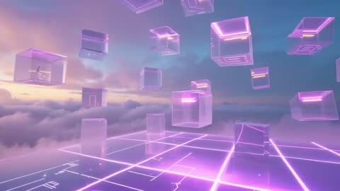 Futuristic Digital Cubes Floating in Neon Sky Above Clouds