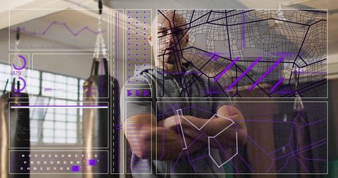 Athletic man with digital interface for fitness monitoring