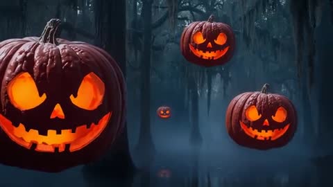 Mysterious Floating Pumpkins Light Misty Swamp Scene