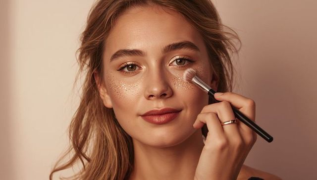 Young woman applying shimmery highlighter with brush closeup for radiant makeup looks