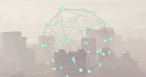 Digital Medical Globe Overlay on Urban Skyline