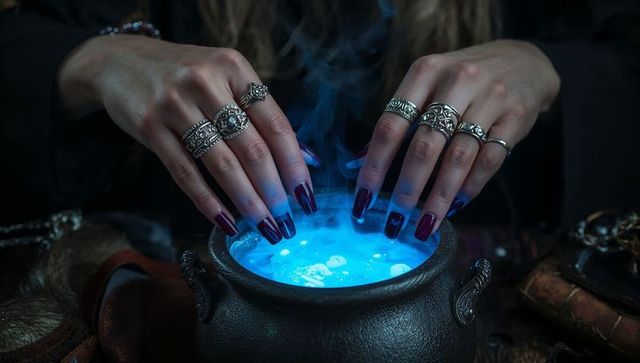 Mystic blue potion ritual with ornate rings
