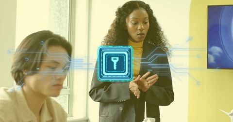 Businesswoman Discussing Encryption with Futuristic Holographic Key