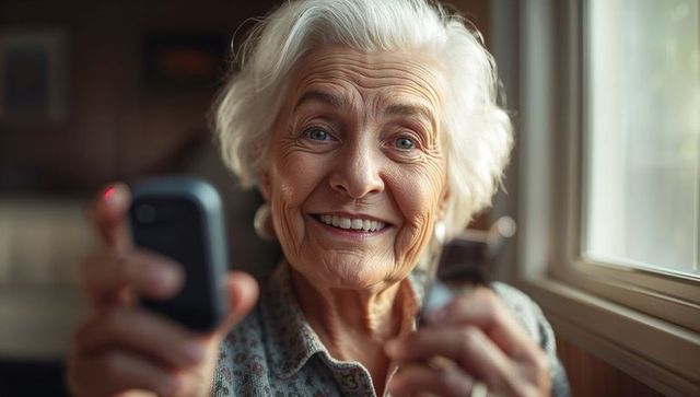 Smiling senior woman holding remote controls by window light