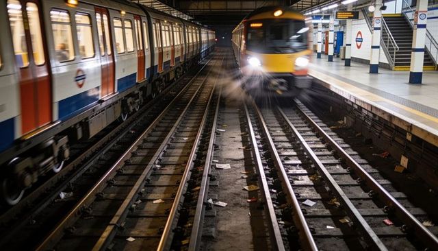 Motion-blurred metro train approaching through underground station with parallel tracks