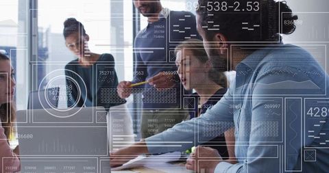 Collaborating Team Analyzing Data with Futuristic HUD Overlays in Bright Modern Office