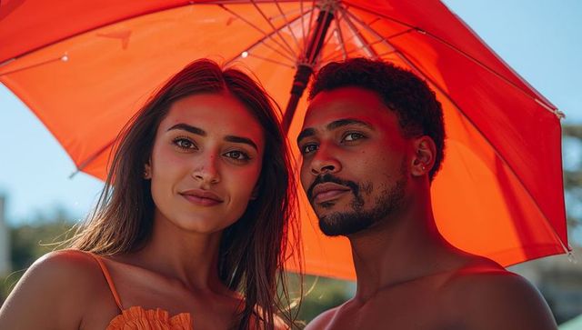 Couple leaning under orange umbrella enjoying sunlight intimate summer portrait close-up