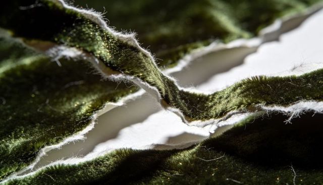 Torn emerald velvet strips revealing white backing with loose fibers and glitter