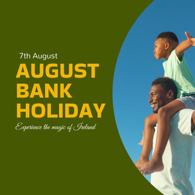 Image depicts a joyful African American father with son sitting on his shoulders enjoying the outdoors on August Bank Holiday. Ideal for use in travel promotions, holiday advertisements, family-oriented campaigns, and social media posts emphasizing fun, bonding, and summertime celebrations. Highlights the theme of experiencing Ireland's beauty and enjoyment during the holiday season.