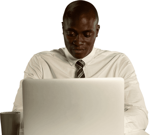 Focused African American Businessman Using Laptop on Transparent Background