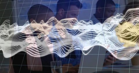 Business team reviewing data visualization with flowing digital waveform, grid wireframe