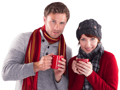 Couple Warmly Dressed Enjoying Cozy Hot Drinks with Transparent Background