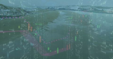 Futuristic Data Visualization Over Serene Landscapes