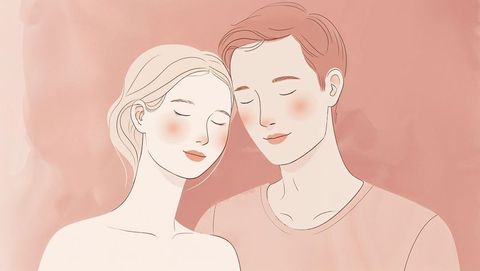 Romantic cute couple embracing in soft pastel line art style