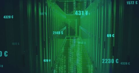 Futuristic Data Center with Illuminating Code and Currency Symbols