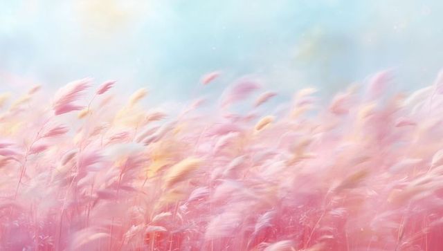 Dreamy pink pampas grasses swaying in sunlight with pastel bokeh backdrop