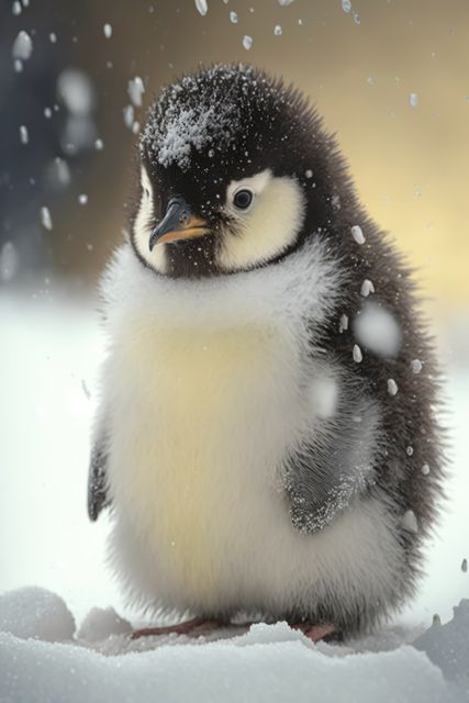 Penguin chick in fresh snowfall captures essence of winter wildlife. Ideal for environmental conservation themes, children's books, and educational materials on animal habitats.