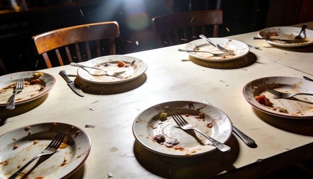 Sunbeam streaming over messy dinner table with empty plates, forks and scattered crumbs