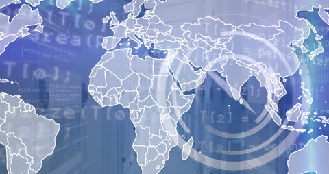 Abstract World Map and Clock with Data on Server Room Background