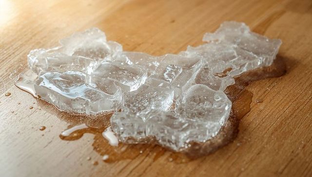 Melting ice on wooden surface with water droplets